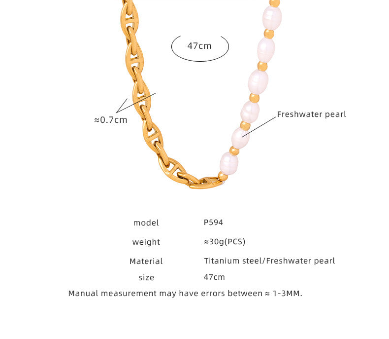 قلادة من لؤلؤ المياه العذبة مطلية بالذهب من الفولاذ التيتانيوم